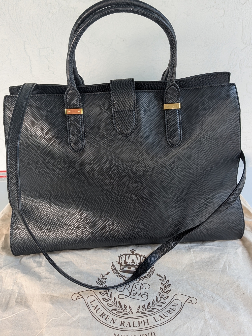 Lauren Ralph Lauren Black Textured Leather Tote with Gold Hardware